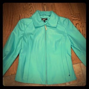Black River aqua leather zip front lined jacket
